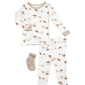 NWT - Milkberry Bamboo Infant Boys Pajama and Sock Set - Tan Dachshund Print